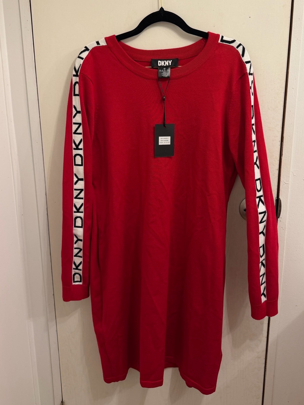DKNY Red Sweatshirt Dress with White Logo Sleeve Tape